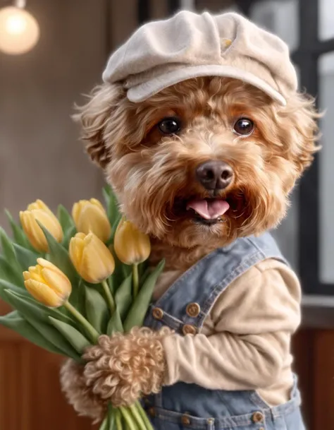 , raw photo, photorealistic, cinematic, vibrant details, award winning, best quality, (ultra high res:1.3), (8k:1.3),

doudou dog,anthropomorphic wearing white long sleeves overalls and brown shose, holding a large bouquet of tulips in hand,standing outsid...