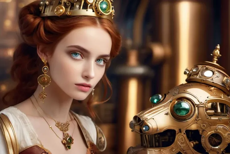 photo realistic, full color, (medium shot, detail background:1.3), steam punk, long nose, (clear eyes:1.1, symmetrical eyes), confused, (explosions of a huge decorated alchemist laboratory:1.3), (a fantasy princess holding a broken giant golem mechanical h...