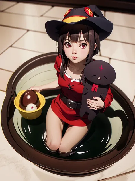 anime girl in a witch costume sitting in a bowl with a chocolate ball