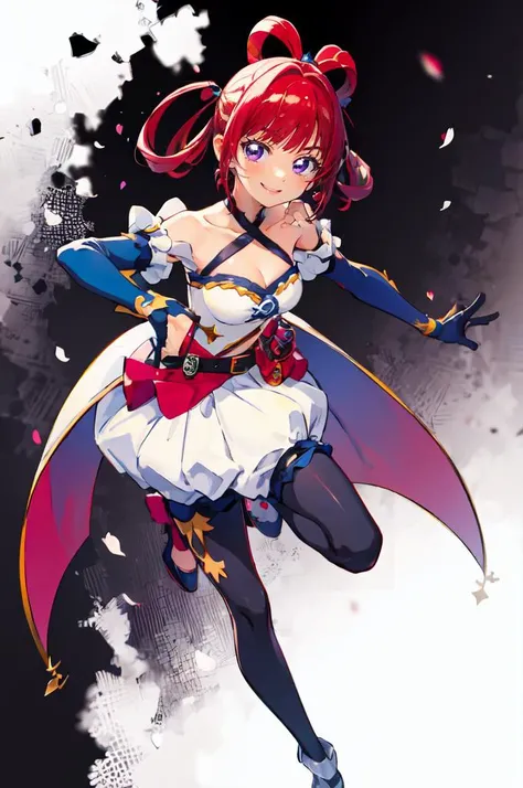 <lora:Prettycure v2:0.7>  <lora:mahoushoujo_cpt_v01:0.5> mahoushoujo, fighting stance,, ultra detailed, masterpiece, best quality,, solo, seductive smile, red lips,
1girl, purple eyes, red hair, blunt bangs, medium breasts, <lora:hair_rings:1> low hair rin...