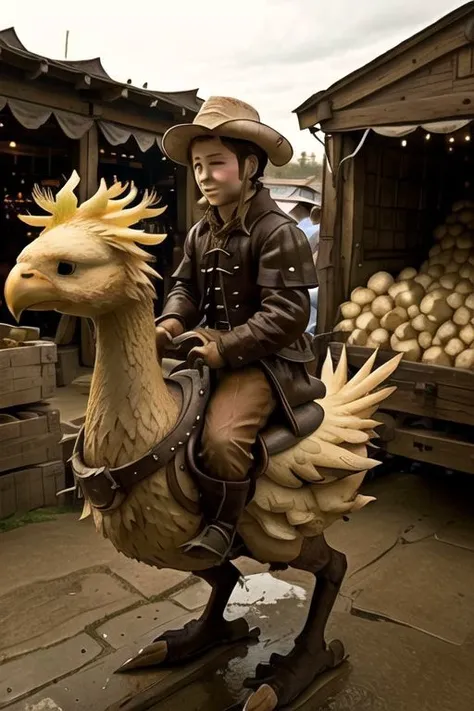 araffe riding a fake bird in a market with a hat on