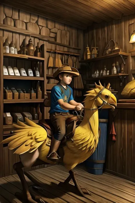 there is a boy riding a horse in a store with a bird on it