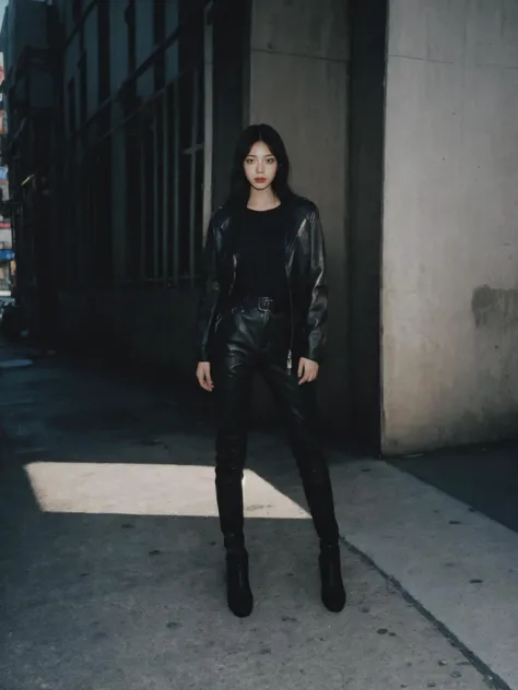 nsfw, best quality, masterpiece, ultra high res, (photorealistic:1.3), 8K, raw photo, 1girl, full body, balenciaga, streets of new york, new york, sensual, modeling for Balenciaga, wearing leather boots, wearing leather outfit, natural skin texture, dynami...