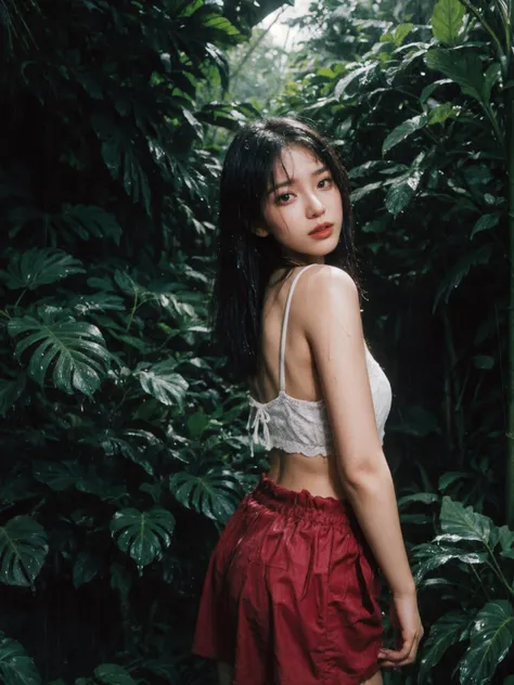 nsfw, best quality, dark, masterpiece, ultra high res, (photorealistic:1.3), 8K, raw photo, 1girl, upper body, in the jungle, (jungle:1.2), rain forest, raining, wet, amazon forest, rainy, <lora:ClothingAdjuster3:-0.3> <lora:InstantPhotoX3:0.5> <lora:epi_n...