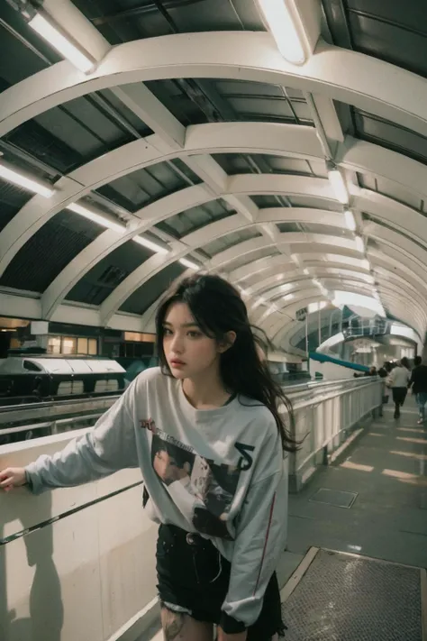 araffe girl standing in a subway station with a train in the background