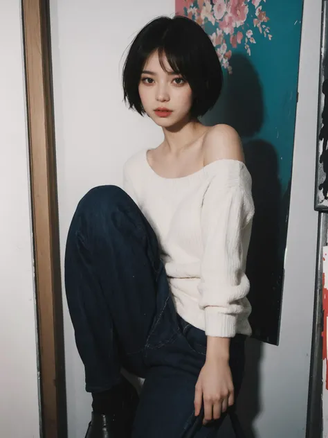 nsfw, best quality, masterpiece, ultra high res, (photorealistic:1.3), 8K, raw photo, 1girl, full body, (very short hair:1.4), (pixie cut:1.2), wearing oversized black pullover, wearing black jeans, modeling, dynamic pose, artist in her atelier, workshop, ...