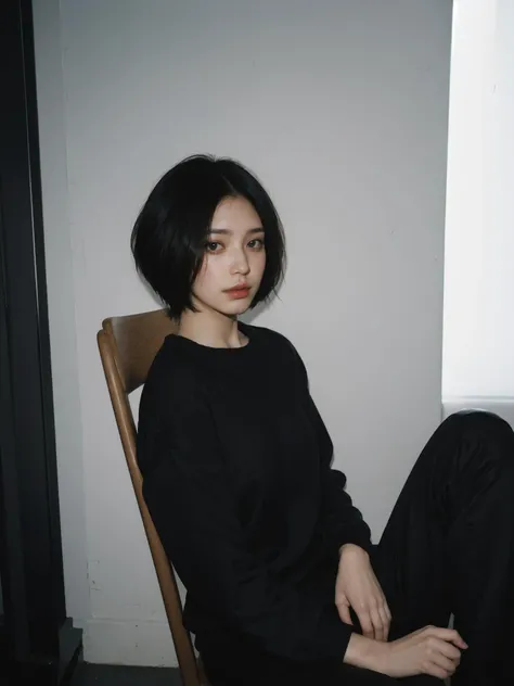 nsfw, best quality, masterpiece, ultra high res, (photorealistic:1.3), 8K, raw photo, 1girl, full body, (very short hair:1.4), (pixie cut:1.2), wearing oversized black pullover, modeling, half sitting on chair, cowboy shot, natural skin texture, dynamic po...