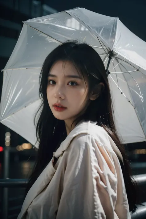 1girl,Cloudy,rainy,long hair,dark theme,soothing tones,muted colors,high contrast,(((natural skin texture, hyperrealism, soft light, sharp))),night,city,heavy rain,Wet hair,looking at viewer,((((Face Detail)))),look at me,Clear Eyes