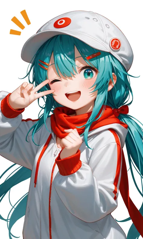 1girl, 
one eye closed, solo, twintails, hat, long hair, hair ornament, bow, open mouth, red bow, hood, looking at viewer, smile...