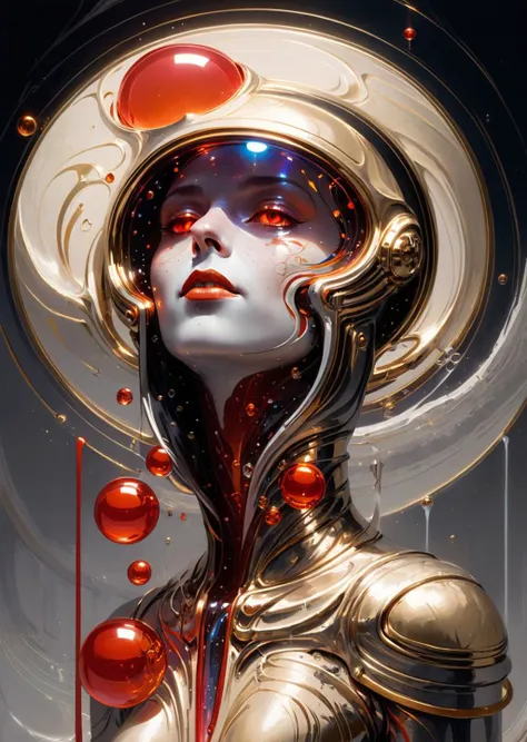 a close up of a woman with a futuristic headpiece and a red orb