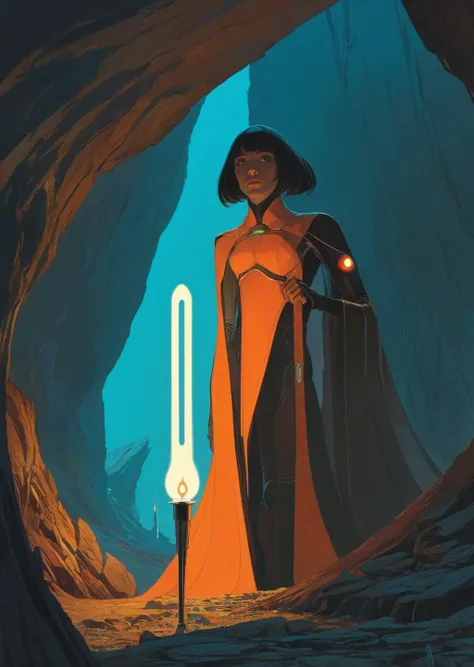 concept art by syd mead ,  high-quality 4k hd, flat-color cartoon artwork in jmst artstyle, moebius
1girl ,  detailed face, gradient 
inside a cave
holding  a torch 
   <lora:concept_art_syd_mead:0.8>
 <lora:SDXL1.0_Essenz-series-by-AI_Characters_Style_Moe...