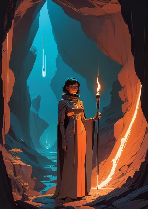 concept art by syd mead ,  high-quality 4k hd, flat-color cartoon artwork in jmst artstyle, moebius
1girl ,  detailed face, gradient 
inside a cave
holding  a torch 
   <lora:concept_art_syd_mead:0.8>
 <lora:SDXL1.0_Essenz-series-by-AI_Characters_Style_Moe...