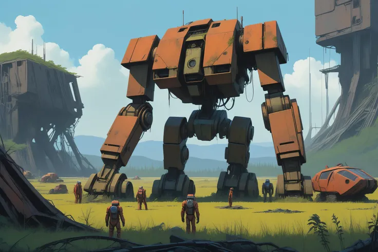 empty field with exploration team of a rusty destroyed giant mech in ruins, concept art by syd mead, strange and mysterious setting, overgrown nature, surreal, towers in background, <lora:concept_art_syd_mead:0.7>