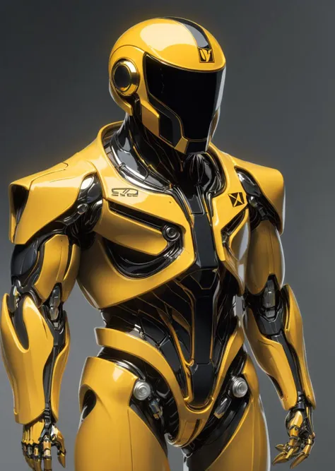 a close up of a yellow and black robot with a helmet