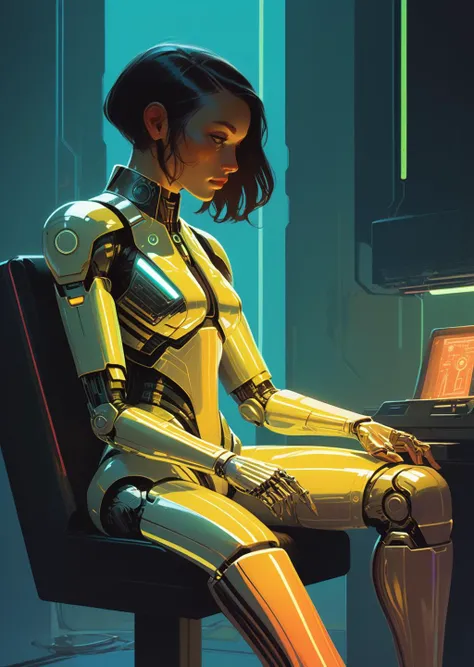 concept art by syd mead
by James Gilleard
1girl, cyborg ,  sit on a chair,   chrome armor, 
factory 
glowing LED, neon lights 
shadows, dark,  retro futuristic, flat colors 
<lora:FF-Style-James_Gilleard:0.7>
<lora:concept_art_syd_mead:0.5>
[(details:1.2):...