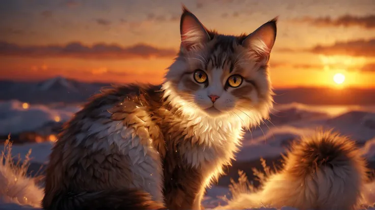 beautiful cat, illuminate fur, color fur, detailed, 8k, looking at the horizon