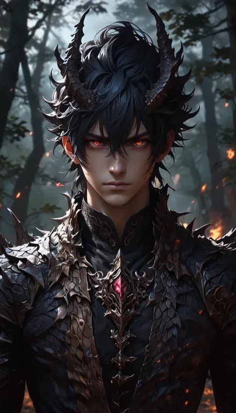 anime artwork human dragon hybrid, human head, dragon scale skin, dragon eyes, male focus, full body, standing, grimdark, creepy tale:1.15, dark forest background, rim lighting, style of Anato Finnstark, by alena aenami, . anime style, key visual, vibrant,...