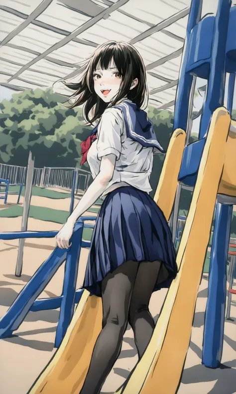 anime girl in school uniform standing on a slide in a playground