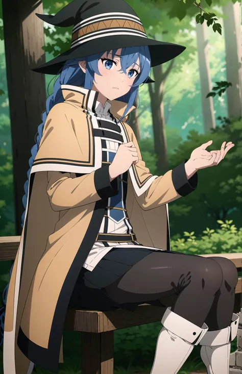 anime character sitting on a bench in a forest with a hat on