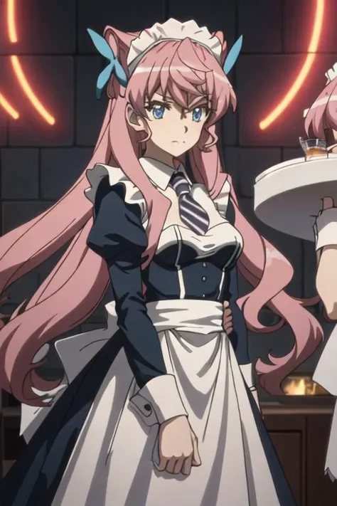 best quality, masterpiece, highres, solo, {maid:1.40}, {long maid dress:1.15}, {maria_cadenzavna_eve_senkizesshousymphogear:1.15}, long_hair, pink_hair, blue_eyes, hair_ornament