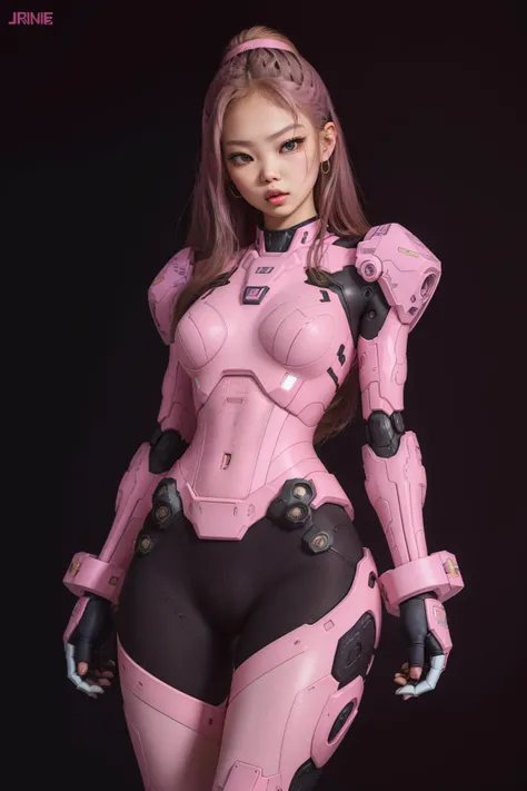 skintight pink mecha leggings, jennie blackpink woman with mecha arms, <lora:jennieForBLACKPINK_v10:0.5> <lora:gundamRX782OutfitStyle_v10:0.5> simple background