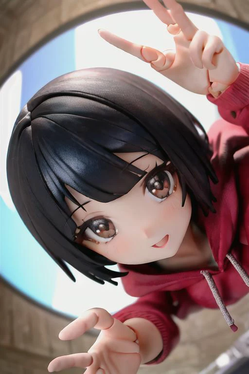 (masterpiece, best quality, absurdres, foreshortening, from_above, fisheye:1.2), photo of a highly detailed (figma) of (1girl:1.2), solo, big brown eyes, blue hair, short hair, green hoodie, [realistic], rendered in blender,  <lora:GoodHands-beta2:1>,  <lo...