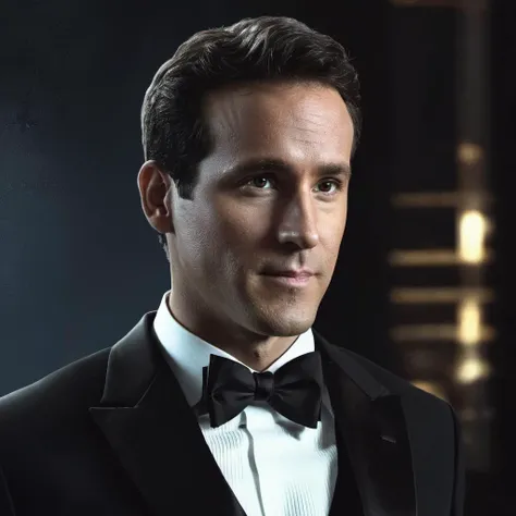 concept art close-up photo of ry4nrey a man, wearing a tuxedo, black background, looking directly at viewer,  <lora:lora:1>  . digital artwork, illustrative, painterly, matte painting, highly detailed