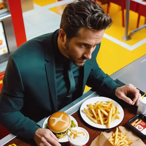 concept art close-up photo of ry4nrey a man, from above, frontview, looking at viewer, at a mcdonalds, <lora:lora:1>  . digital artwork, illustrative, painterly, matte painting, highly detailed