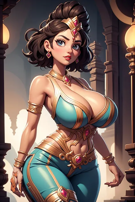 <lora:MahabharataPunkAI:0.9> MahabharataPunkAI,1girl,short hair,huge breast,sexually suggestive, perfectly shaped breast, shaped breast, boobs overflow, cleavage, cameltoe