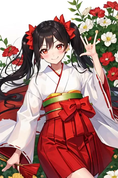 best quality, masterpiece, highres, solo, {white kimono:1.35}, {red hakama:1.35}, {wide sleeves:1.20}, {yazawa_nico_lovelive:1.15}, black_hair, red_eyes, twintails, blush, smile, bow, hair_bow, bangs