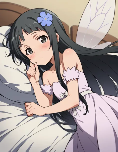 anime girl laying on a bed with a flower in her hair