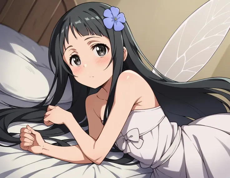 anime image of a woman laying on a bed with a flower in her hair