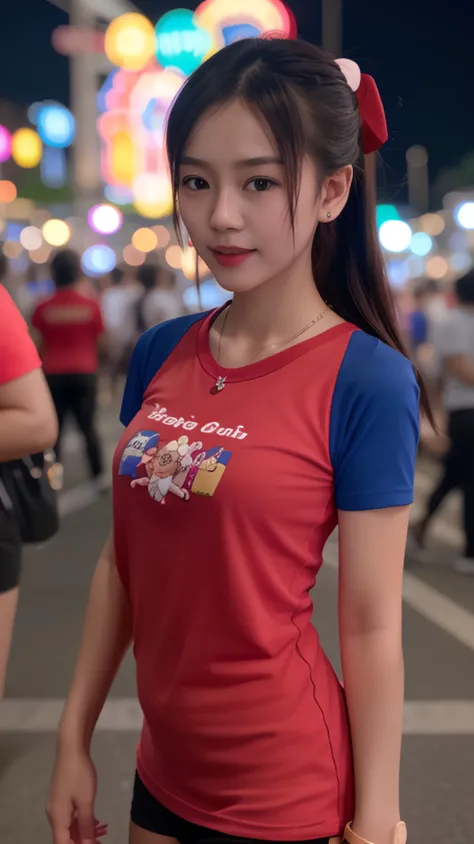 ice_cream_girl_v2, Nsfw, night photography and r/nsfw and r/amateur and rNude_Selfies, (masterpiece:1.2), (best quality:1.2), (extremely detailed:1.2), (cinematic lighting, perfect lighting, blooming), bokeh, Thai young girl wearing ((red t-shirt, blue col...