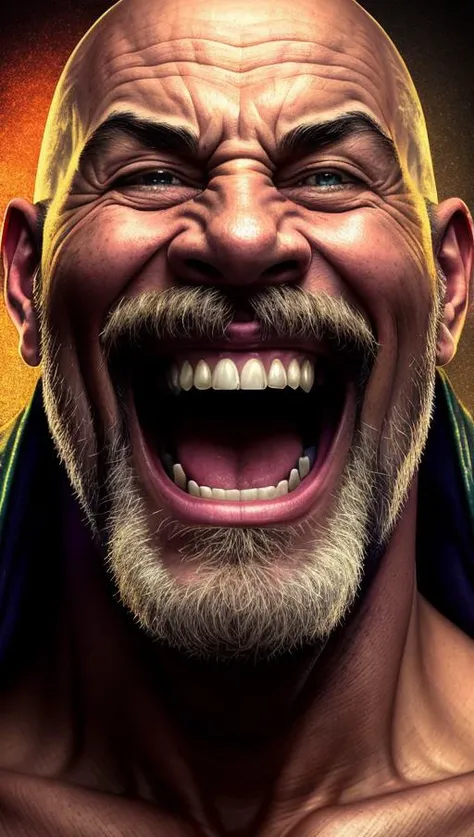 a portrait of a laughing, toxic, muscle, god, elder, (hdr:1.28), bald, hyperdetailed, cinematic, warm lights, intricate details, hyperrealistic, dark radial background, (muted colors:1.38), (neutral colors:1.2)