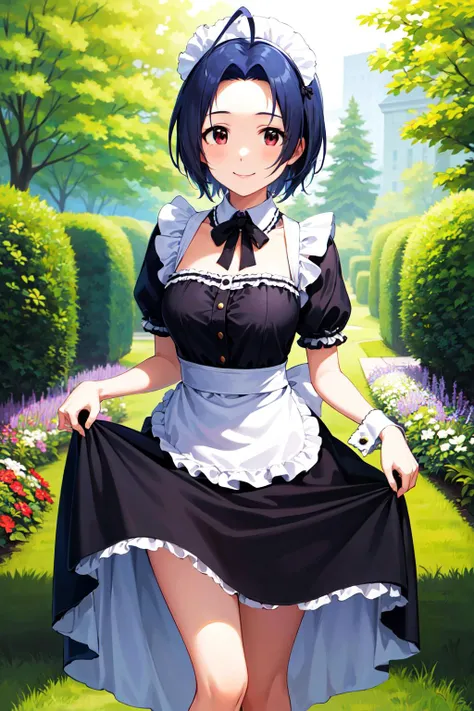 masterpiece, best quality, highres, aaazusa, short hair, ahoge, parted bangs, <lora:miura_azusa_v1:0.7>, maid, maid headdress, apron, black dress, skirt hold, smile, garden, standing,