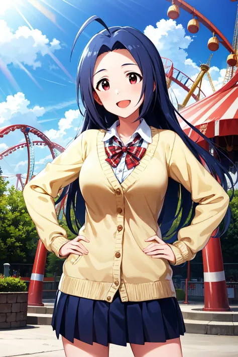 masterpiece, best quality, highres, aaazusa, long hair, ahoge, parted bangs, <lora:miura_azusa_v1:0.7>, shirt, cardigan, pleated skirt, smile, open mouth, hands on hips, amusement park, cowboy shot,