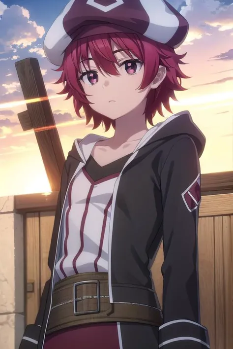 bofurikanade, <lora:bofuri kanade s2-lora-nochekaiser:1>,
kanade, short hair, (red eyes:1.3), red hair,
BREAK gloves, hat, collarbone, black gloves, belt, pants, coat, beret,
BREAK outdoors, forest, nature, sky, sun, clouds,
BREAK looking at viewer,
BREAK ...