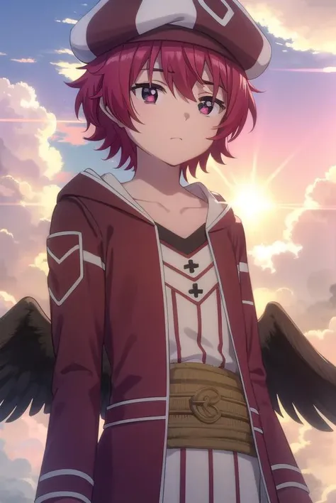 bofurikanade, <lora:bofuri kanade s2-lora-nochekaiser:1>,
kanade, short hair, (red eyes:1.3), red hair,
BREAK gloves, hat, collarbone, black gloves, belt, pants, coat, beret,
BREAK outdoors, forest, nature, sky, sun, clouds,
BREAK looking at viewer,
BREAK ...