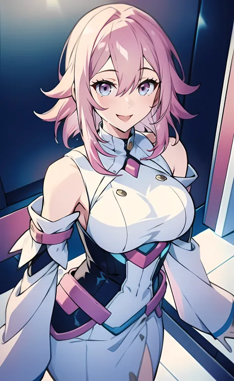 1girl, sexy pose, march7th, pink hair, white dress, detached sleeves, bare shoulders, open mouth, smile, science fiction <lora:march7th:0.6>