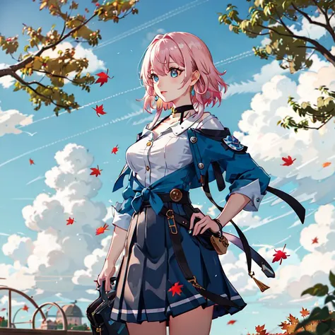 best quality, masterpiece, 8k, highly detailed, solo, march7th, short hair, multicolored_eyes, pink hair, bangs, blue_eyes, blue skirt, long locks, ribbon earrings, shirt, skirt, choker, jacket, medium breasts, <lora:HSR_march7th:0.45>, HDR, sunlight, ligh...