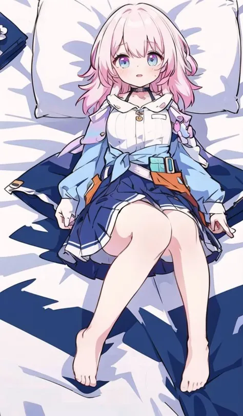 masterpiece, best quality,  looking at viewer, blush, lying, bed sheet, full body, full body,march7th, short hair, multicolored_eyes, pink hair, bangs, blue_eyes, long locks, shirt, skirt, choker, jacket, <lora:march7th:0.8>,dakimakura,((1girl)),bare foot,