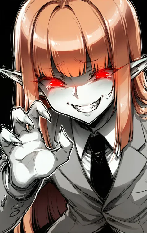 anime girl with red eyes and a tie holding a knife