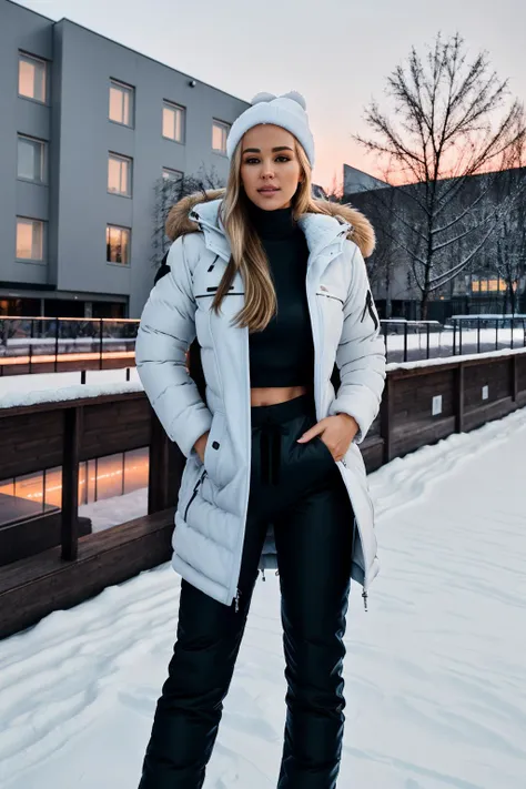 DV_Sabine_Vicious, (long winter coat, long pants:1.4), ouside, sunrise, snow, covered in snow,