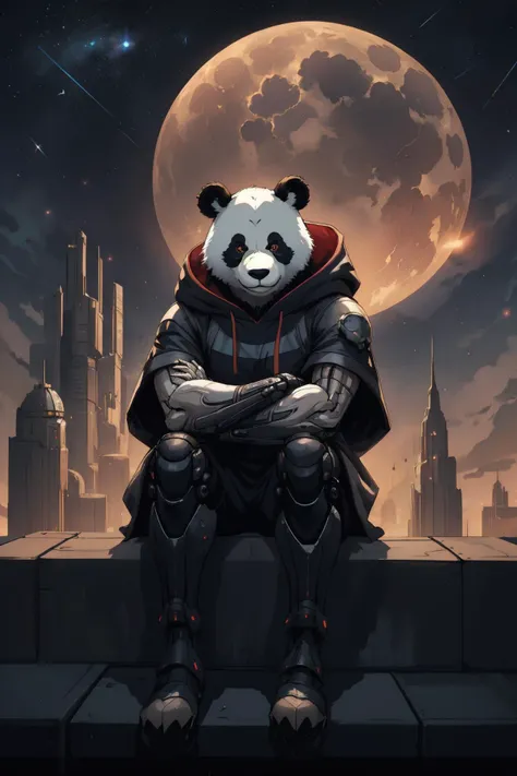 texture a cyborg anthropomorphic giant panda male furry is sitting solo on rooftop, He has very fluffy fur on cheek and animal head, mechanical arms and hands, mechanical legs and boots, He wears a short sleeves red hoodie with both proud and serious on hi...