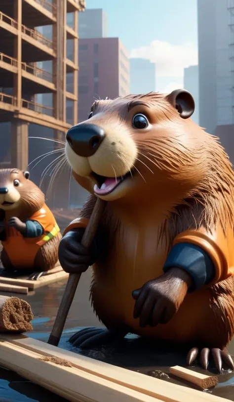 digital hyperrealism concept art of anthropomorphic beavers as construction builders that building city from sticks