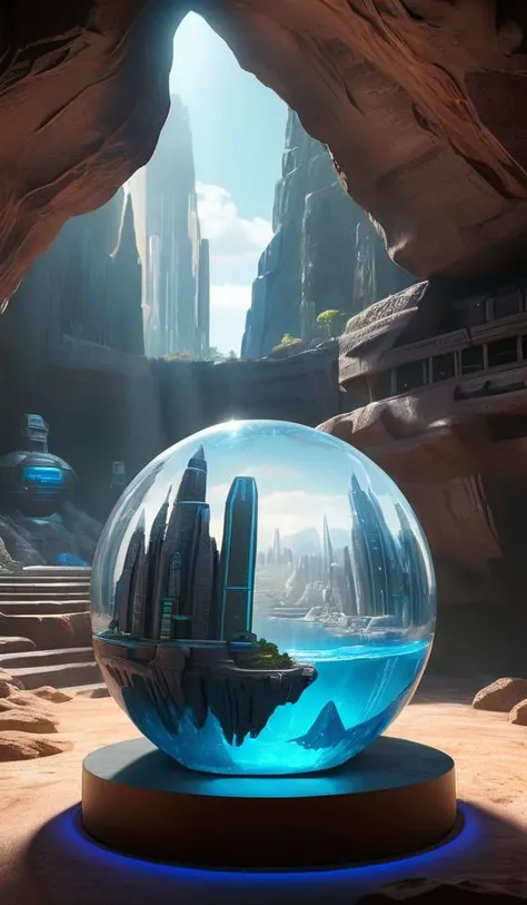 hyperrealism, detailed textures, photorealistic 3 d, an massive scale cave with a mini futuristic city, a central perfect large glass sphere, aztec style,, in the style of sahm, ultra realistic, ultra high pixel detail, cinematic, intricate, cinematic ligh...