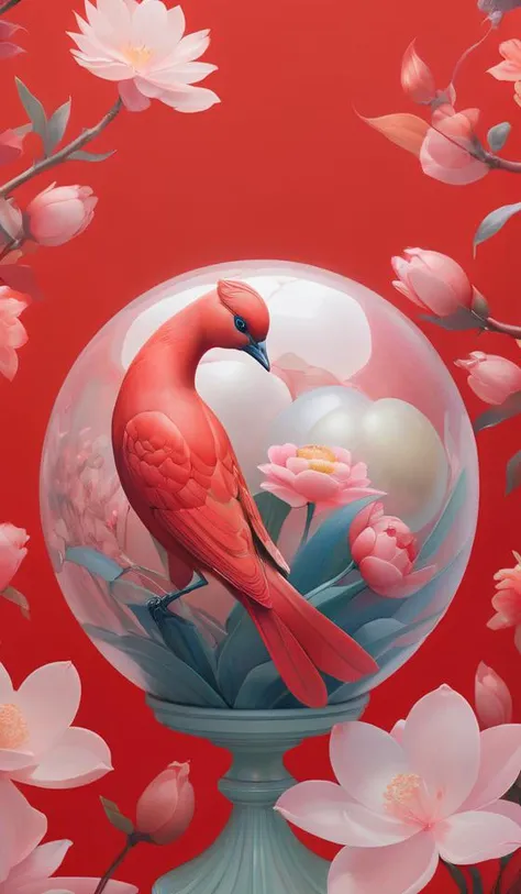 breathtaking detailed red gardian mao baby in glace sphere free thibet concept art painting art deco pattern of birds goddesses amalmation flowers, by hsiao ron cheng, tetsuya ichida, bizarre compositions, exquisite detail, extremely moody lighting, 8 k