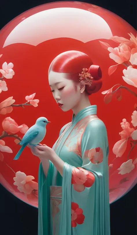 breathtaking detailed red gardian mao baby in glace sphere free thibet concept art painting art deco pattern of birds goddesses amalmation flowers, by hsiao ron cheng, tetsuya ichida, bizarre compositions, exquisite detail, extremely moody lighting, 8 k