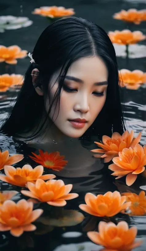 a woman with long black hair is surrounded by water with flowers, in the style of dreamlike realism, dark gray and orange, han dynasty, soft-focus portraits, dark colors, harmonious coloration, somber mood