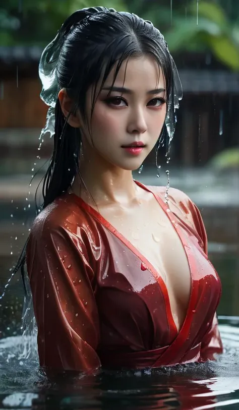 (Highest picture quality), (Masters work), (ultra-detailed), the portrait is centered, 1girl, raiden shogun, nsfw, (wet clothes), blush, bare hips, (sheer shirt), (from above:1.7), (translucent dress), water drop, (rain), (outdoors), stained, wet hair, wet...